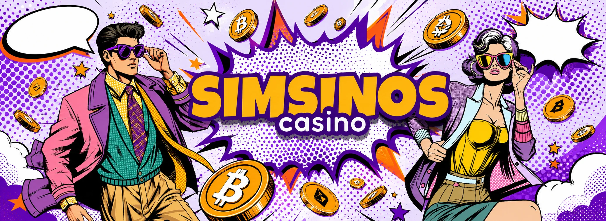 Bannière pop-art Simsinos Casino France avec prime de 500 €, 250 tours offerts et paiement Bitcoin